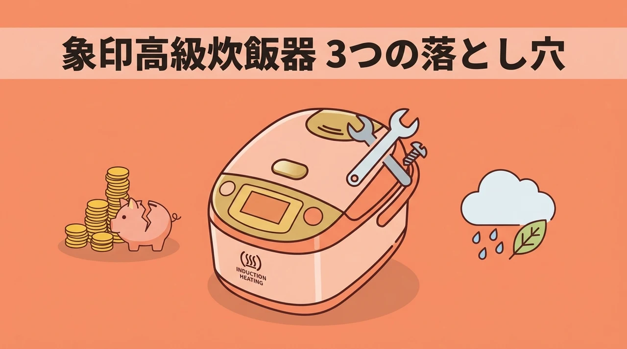 象印の高級炊飯器ゆえのデメリット3つのイメージ画像（本体の重量・炊飯時の音・蓋の開き高さ）